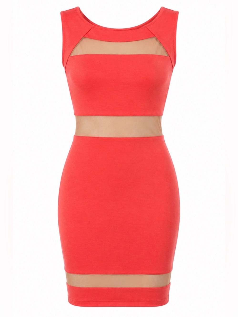 Coral & Nude Mesh-Panel Bodycon Dress - size Small